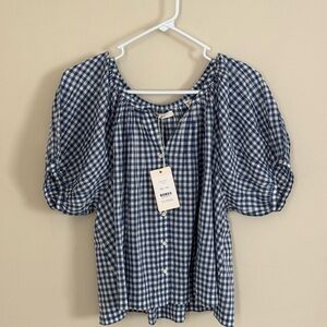 Doen June Top Blue Gingham NWT XS Puff Sleeve Blouse